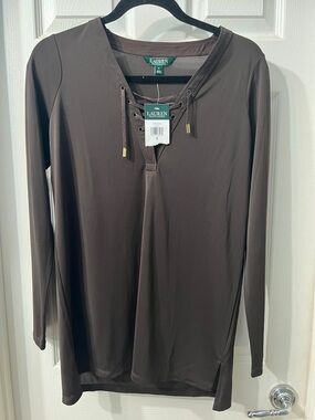 Lauren Ralph Lauren Dark Brown Lace-Up Long Sleeve Size Small